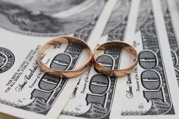 Wedding rings on the background of money