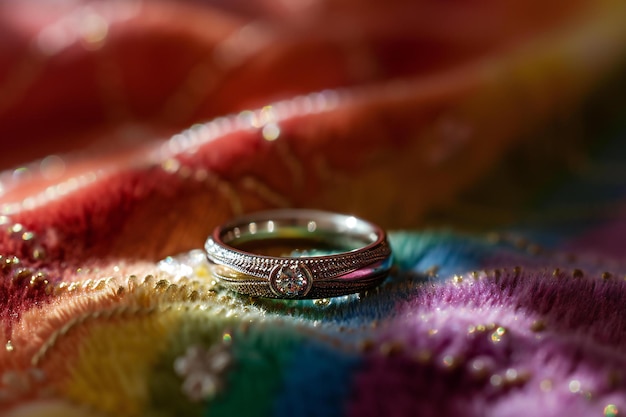 Wedding rings on a background of a multicolored fabric