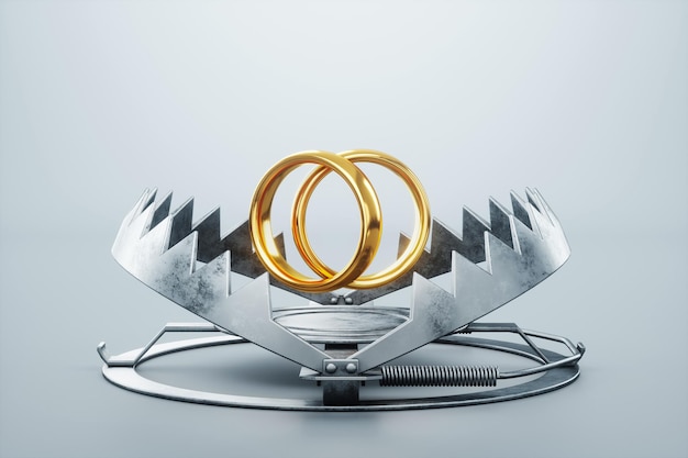 Photo wedding rings in a bear trap closeup the concept of love relationship addiction marriage separation heartache 3d render 3d illustration