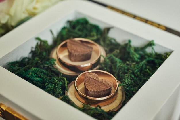 Wedding rings in a beautiful box lie on table