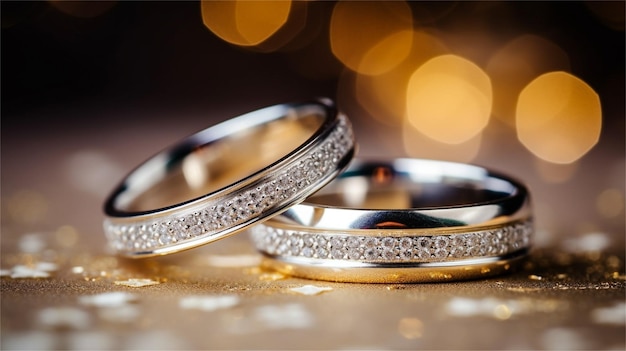 wedding rings on a black background with bokeh effect