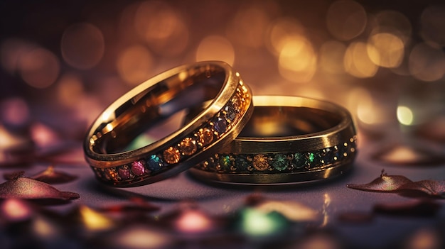 Wedding rings on bokeh background shallow dofgenerative ai