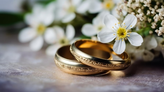 Photo wedding rings on a bouquet of flowers