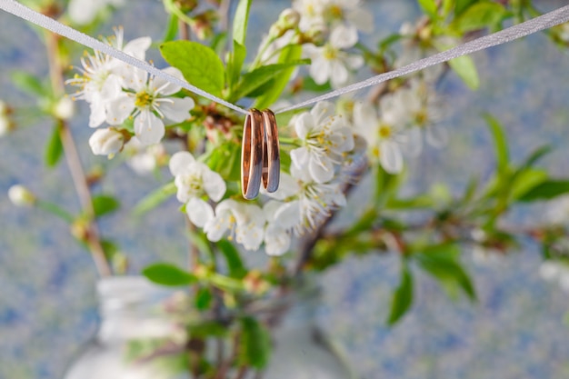 Wedding rings on a branch. Spring  bouquet of cherry flowers