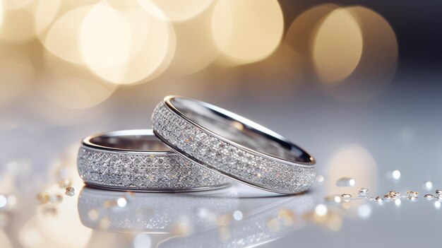 wedding rings in the corner on a sparkling glitter background in banner format with copy space