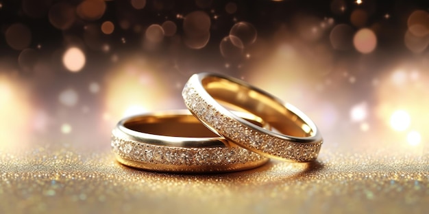 wedding rings in the corner on a sparkling glitter background