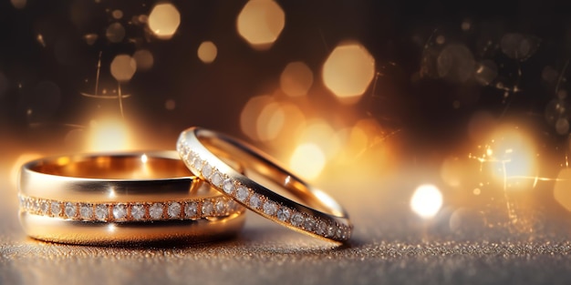 wedding rings in the corner on a sparkling glitter background