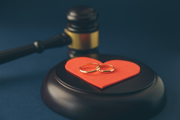 Wedding rings on the figure of a broken heart from a tree hammer of a judge on a wooden background Divorce proceedings