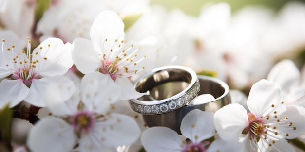 Photo wedding rings on floral background