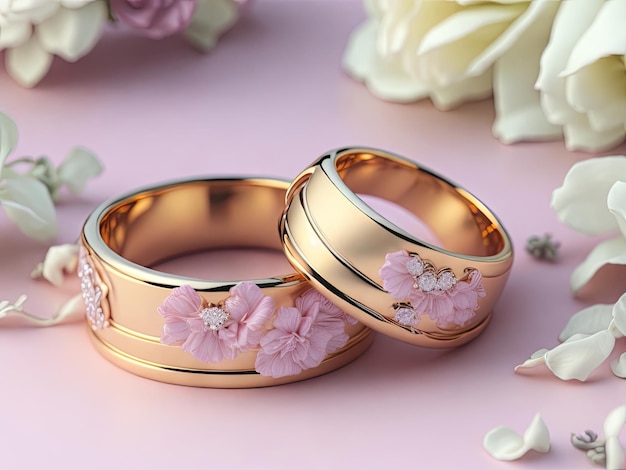 Wedding rings on flower pastel background ai generative