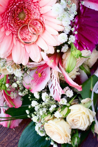 Wedding rings and flowers.