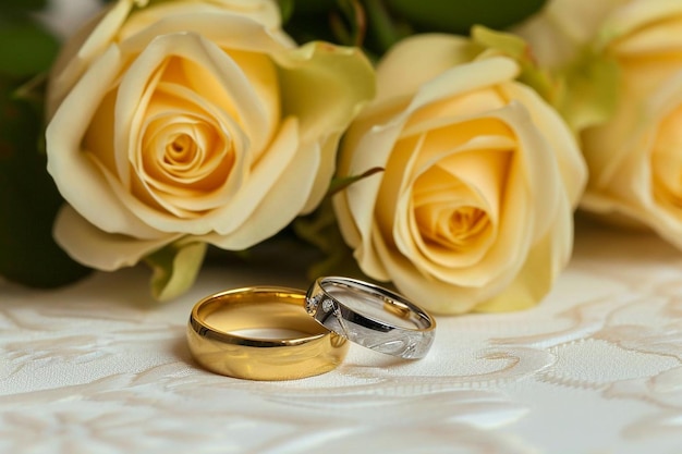 Wedding rings and fresh roses on white background