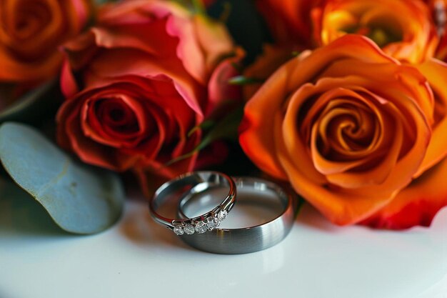 Wedding rings and fresh roses on white background