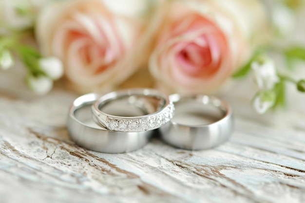 Wedding rings and fresh roses on white background