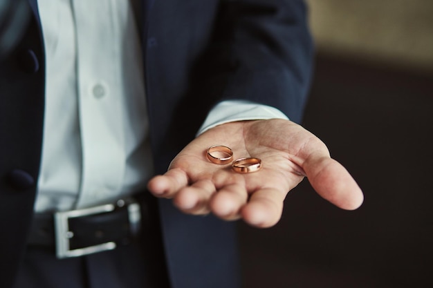 Wedding rings in groom hand