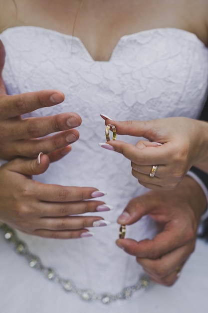 Wedding rings in the hands of the newlyweds 2446