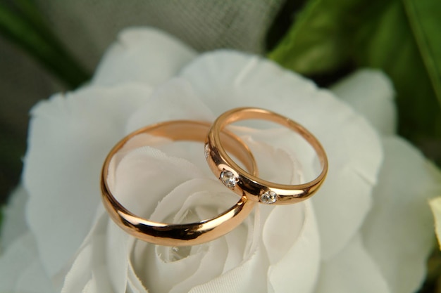 wedding rings on the intended plan and a bouquet of flowers in the background