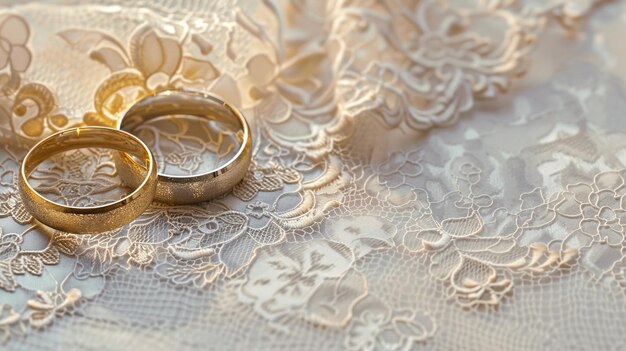 Wedding rings on a lace background Closeup