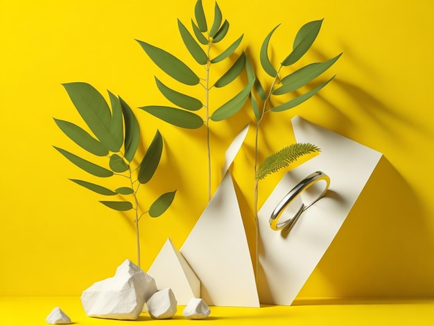 Wedding rings and leaves on yellow background 3d render