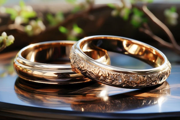Wedding rings lie on a glossy stand