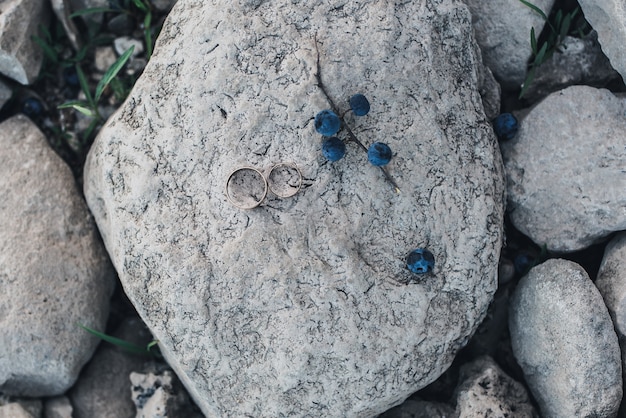 Wedding rings lie on a stone next to a sprig of blue berries wedding rings