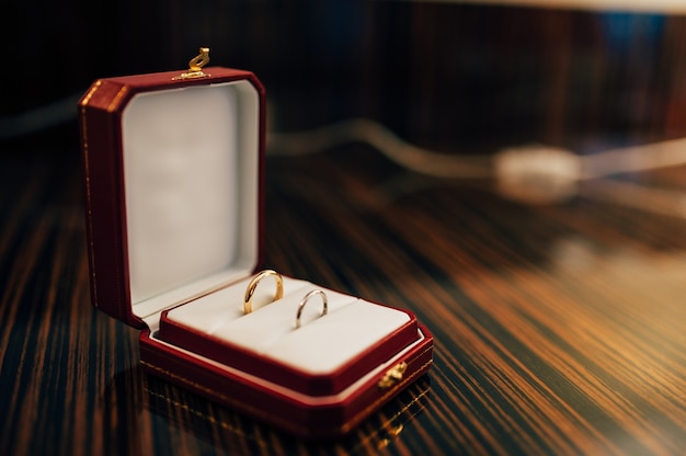 Wedding rings of the newlyweds in a box engagement gold rings