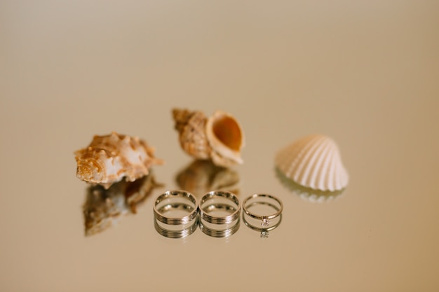 Wedding rings of the newlyweds on the mirror