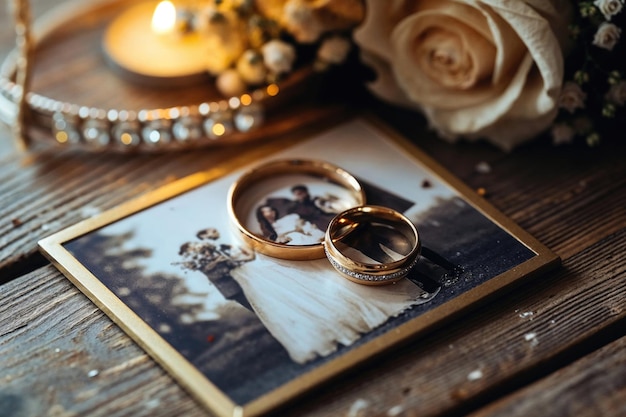 Фото Свадебные кольца на фотоальбоме рядом со свечой и цветами