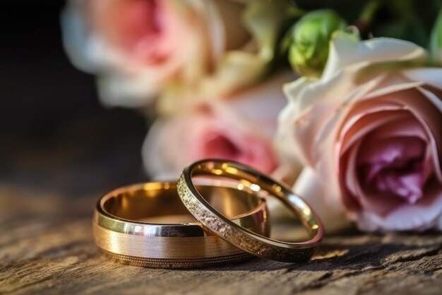 写真 背景のバラの木製の表面に置かれた結婚指輪xa