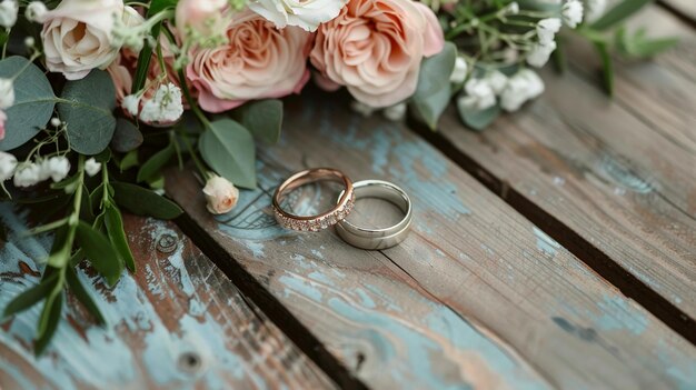 写真 花の付いた木製の背景に付いた結婚指輪