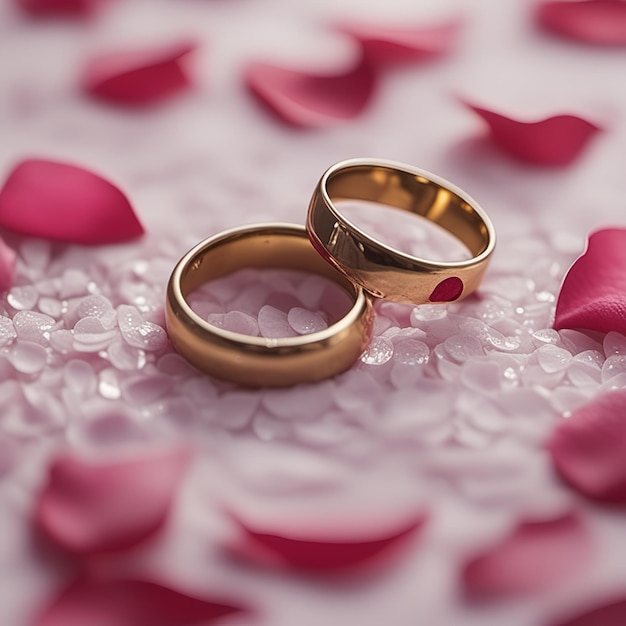 Wedding rings on the petal rose from the wedding bouquet