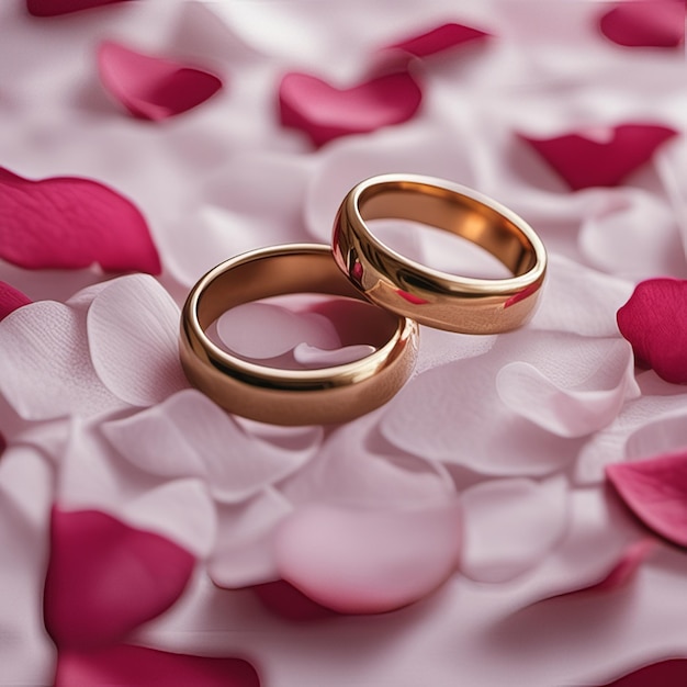 Wedding rings on the petal rose from the wedding bouquet