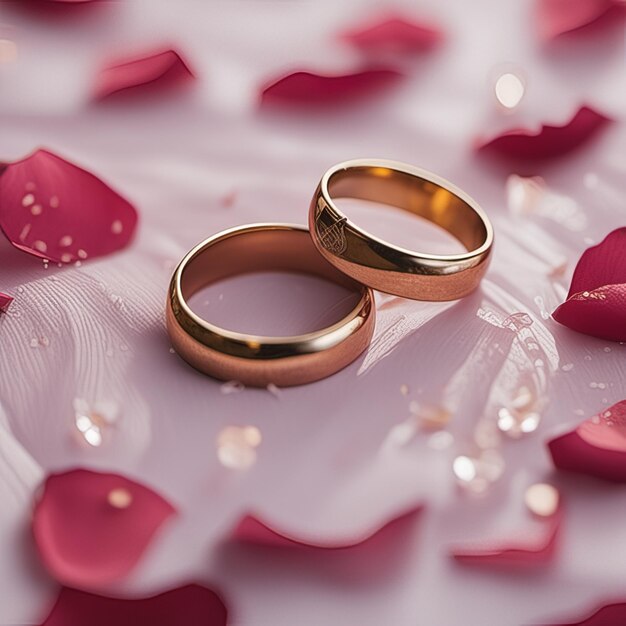 Wedding rings on the petal rose from the wedding bouquet