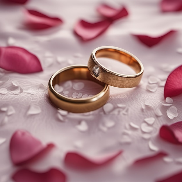 Wedding rings on the petal rose from the wedding bouquet