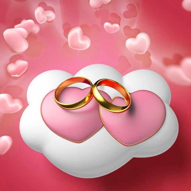 wedding rings in pink and red hearts background