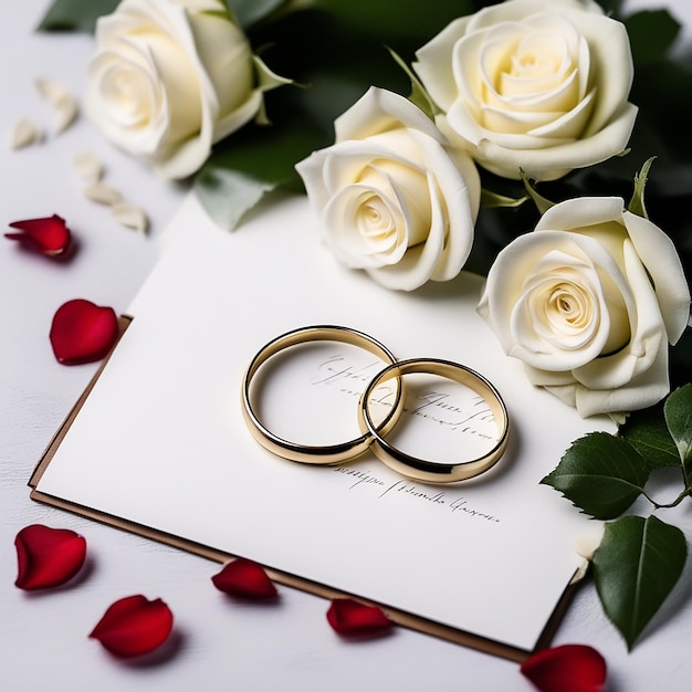 Photo wedding rings and roses on white with space for writing wedding invitation card