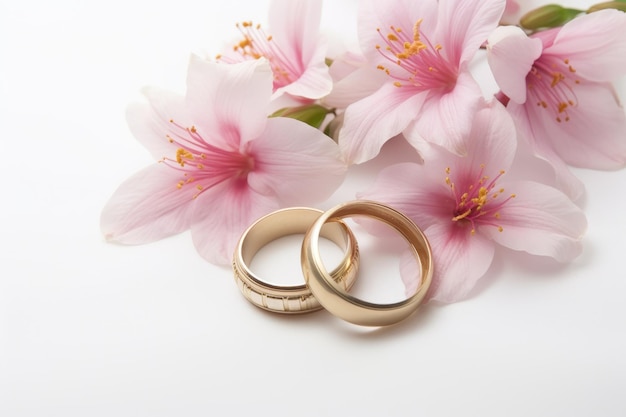 wedding rings and sakura flowers on a white background Pink flowers and two golden wedding rings on a white background AI Generated