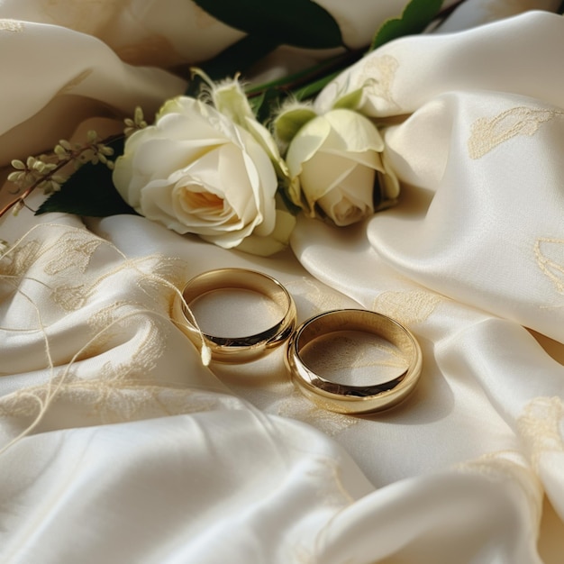 Photo wedding rings on satin fabric