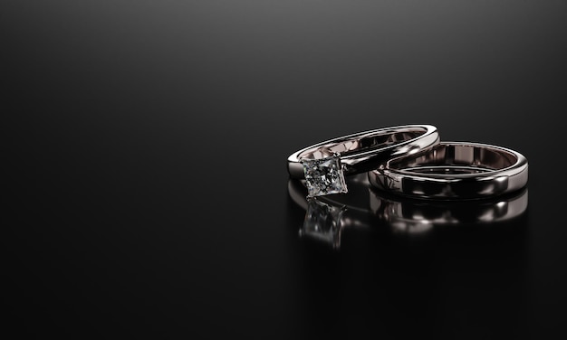 Wedding rings of silver palladium metal with diamonds 3D illustration