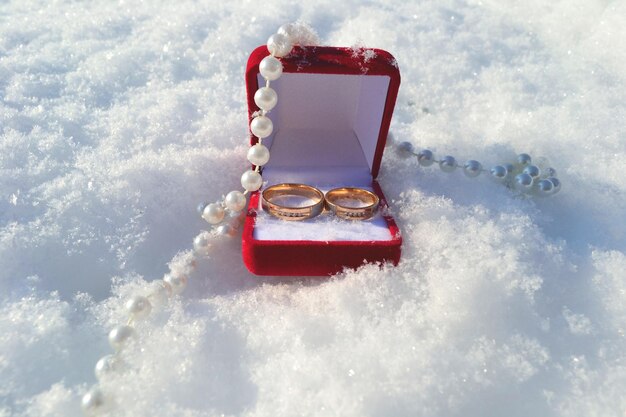 Photo wedding rings on the snow