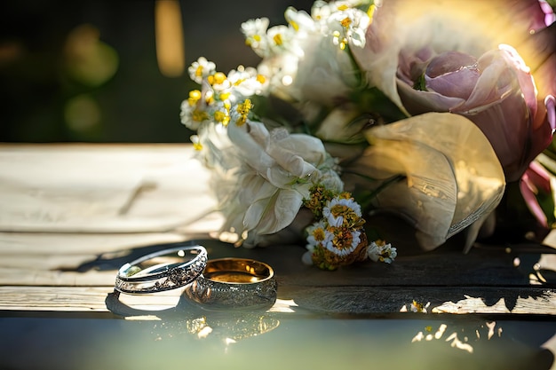 Photo wedding rings on a table with a bouquet of flowers