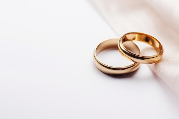 白いサテンの背景に結婚指輪 結婚式のコンセプト