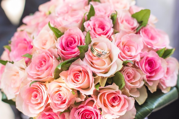 Wedding rings with bouquet