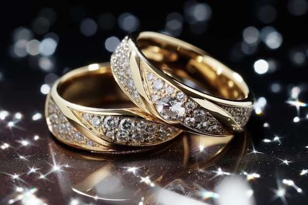 Wedding rings with diamonds on a black background with bokeh Showcase designer wedding rings on a sparkling background AI Generated