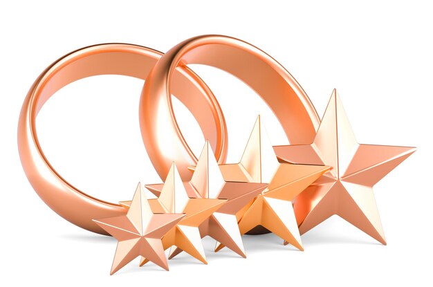 Wedding rings with five golden stars 3D rendering