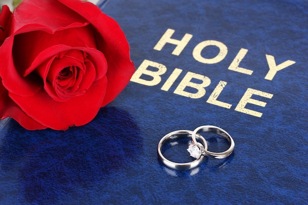 Wedding rings with rose on bible