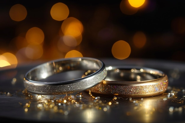 キラキラとダイヤモンドダストのスタイルで背景のボケ味にシルバーとゴールドの結婚指輪テキスト用のコピースペースを持つクローズアップ写真
