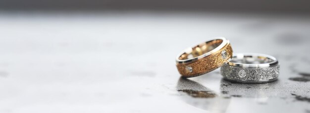 Wedding rings with silver and gold on bokeh background in the style of glitter and diamond dust Closeup photo with copy space for text