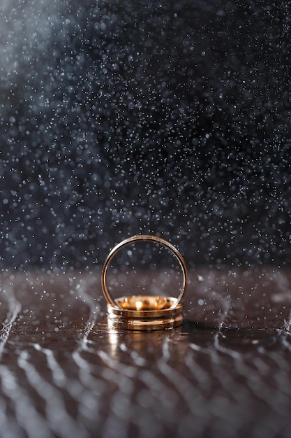 Wedding rings with water dropletsThe engagement ring setBeautiful silver background with wedding rings and stars