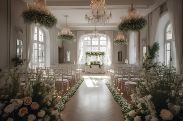 wedding room interior with white dominant decoration wedding event hall generative ai